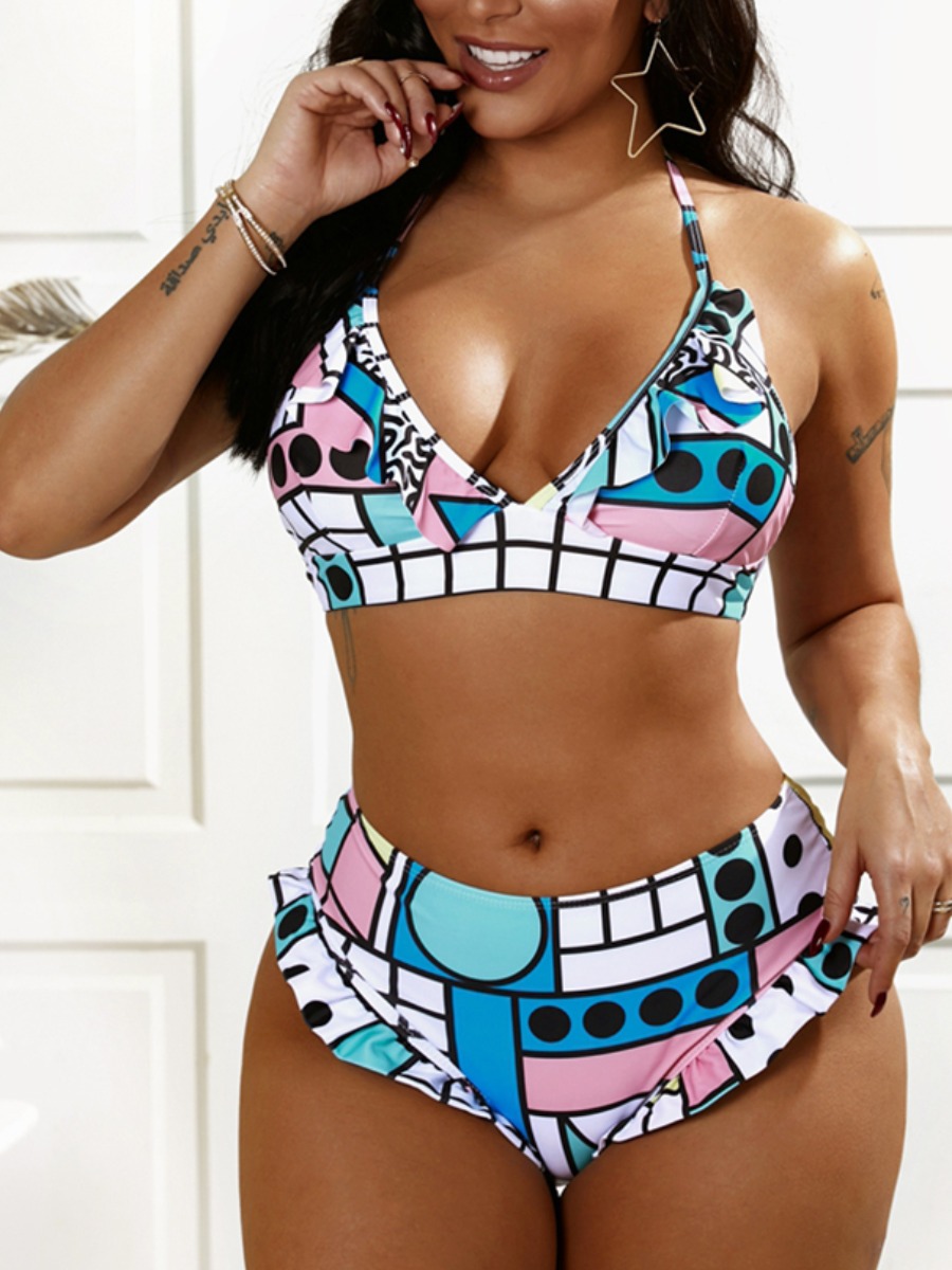 

Lovely Boho Backless Geometic Dot Print Blue Two-piece Swimsuit
