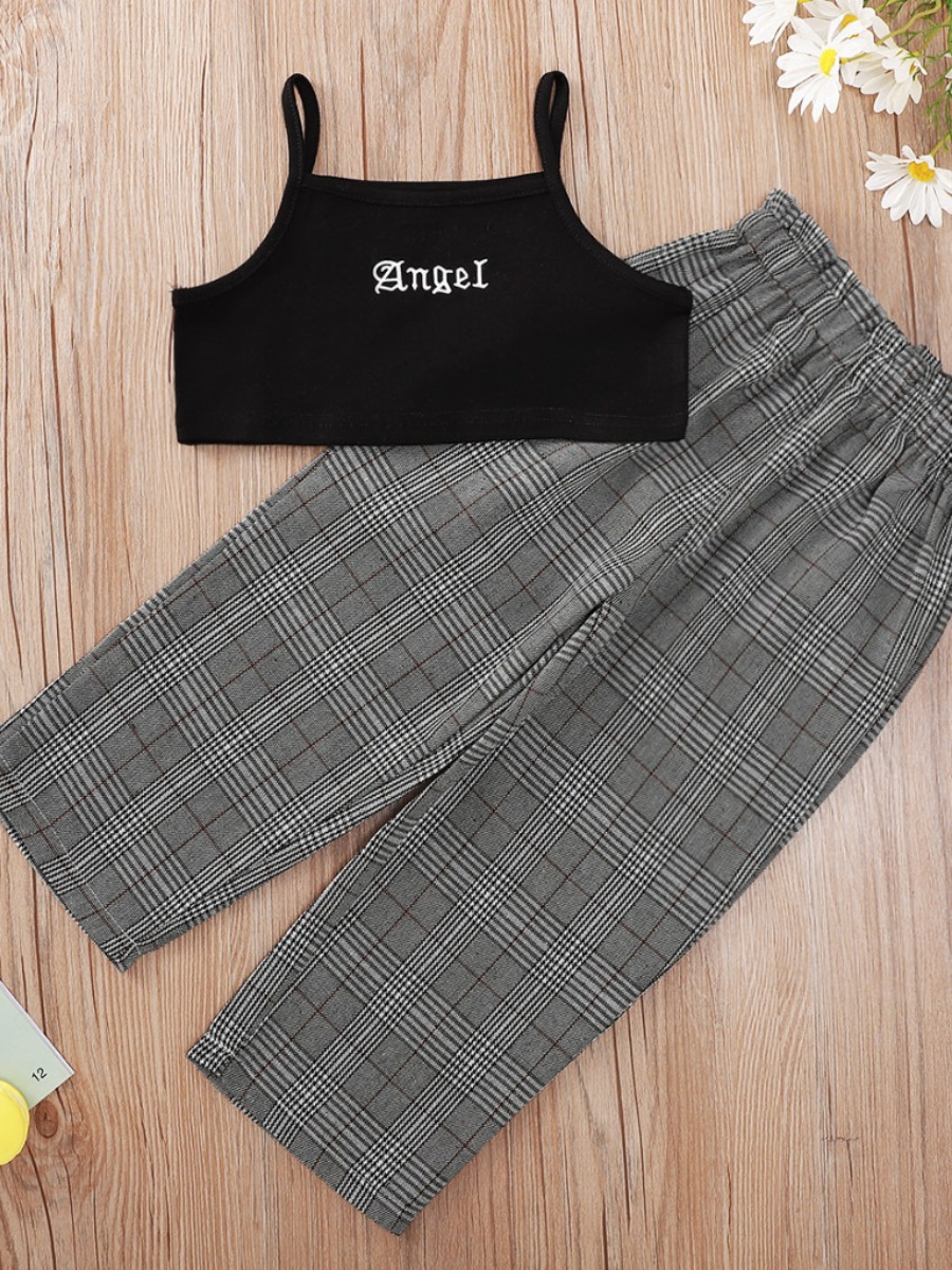 

Lovely Girl Street Letter Plaid Print Black Two Piece Pants Set