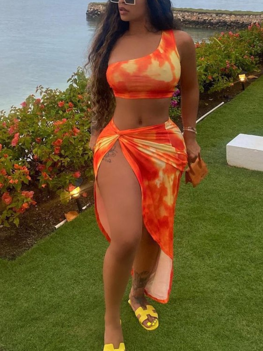 

LW SXY One Shoulder Tie-dye Split Orange Two Piece Skirt Set