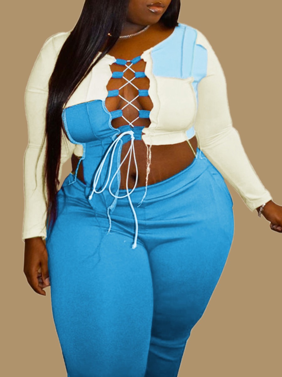 

Lovely Plus Size Casual Bandage Hollow-out Design Blue Two-piece Pants Set