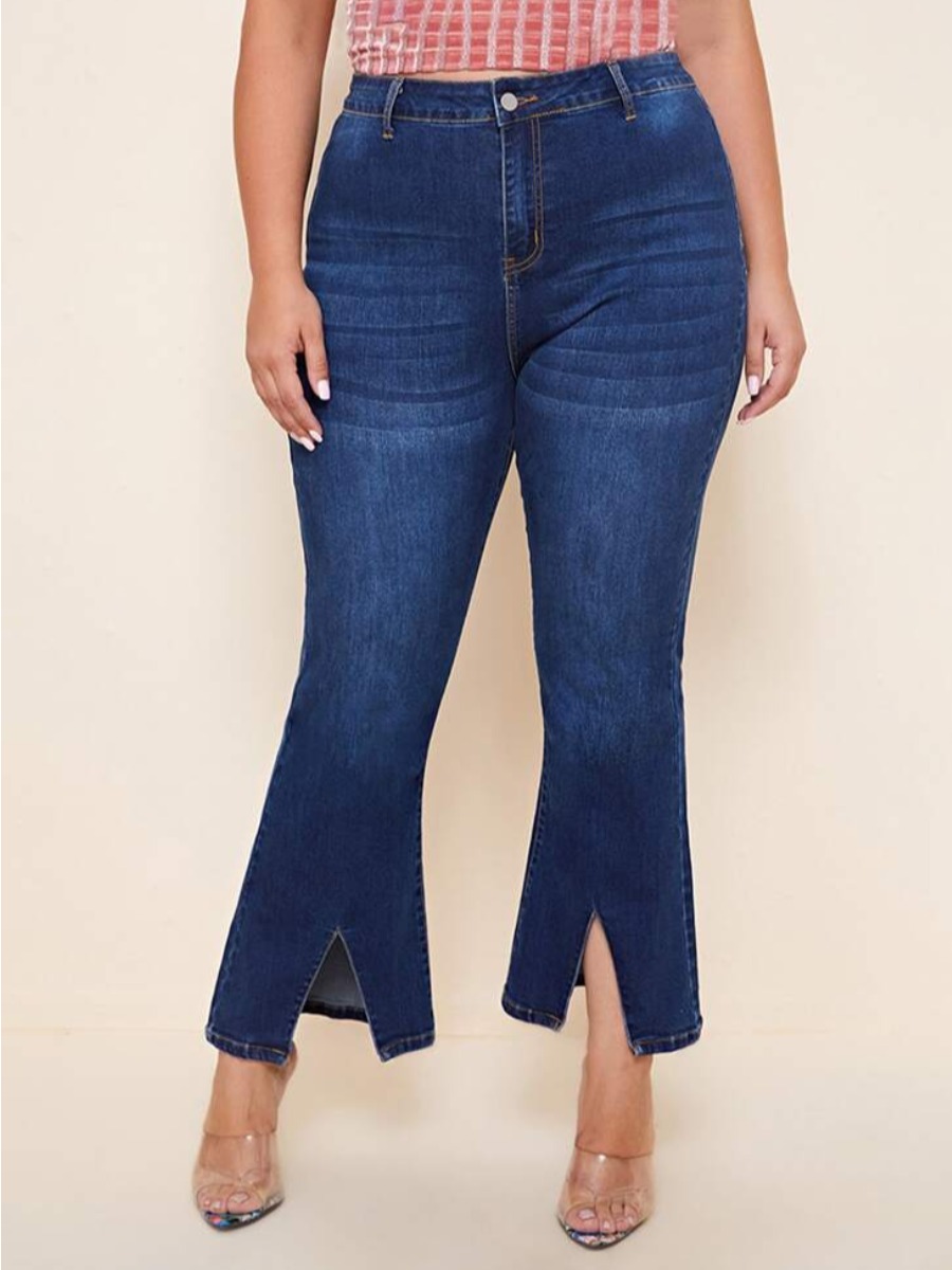 

Lovely Plus Size Casual High-waisted Split Deep Blue Jeans