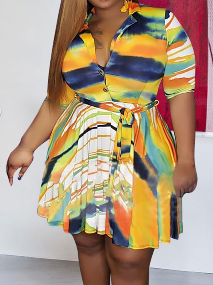 

Lovely Plus Size Boho Print Bandage Design Multicolor Mini A Line Dress, Multi