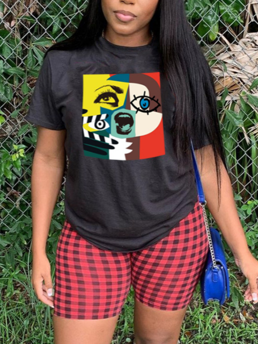 

Lovely Plus Size Street Cartoon Plaid Print Yellow Two-piece Shorts Set