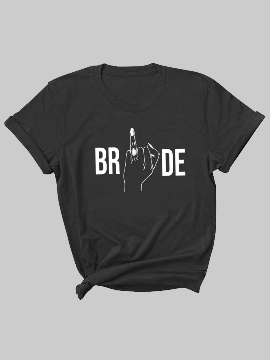 

Lovely Casual O Neck Letter Print Black Plus Size T-shirt