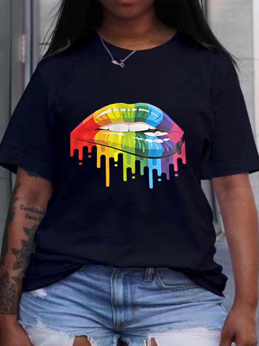 

Lovely Casual O Neck Lip Print Black Plus Size T-shirt