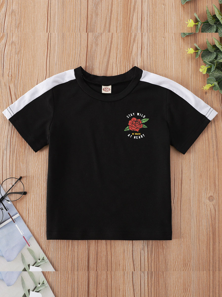 

Lovely Boy Casual O Neck Floral Print Patchwork Black T-shirt