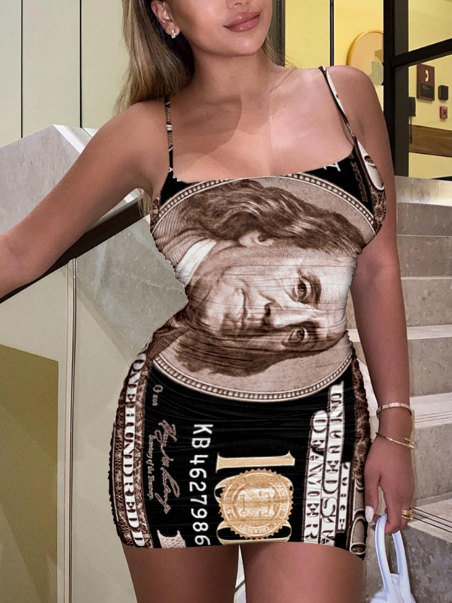 

Lovely Street Money Letter Print Brown Mini Dress
