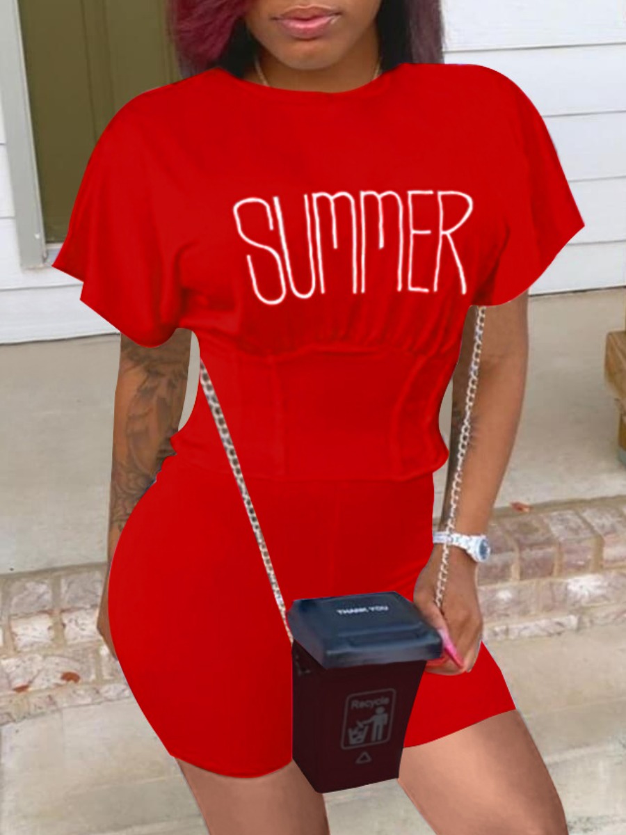 

Lovely Sweet O Neck Letter Print Red Two Piece Shorts Set