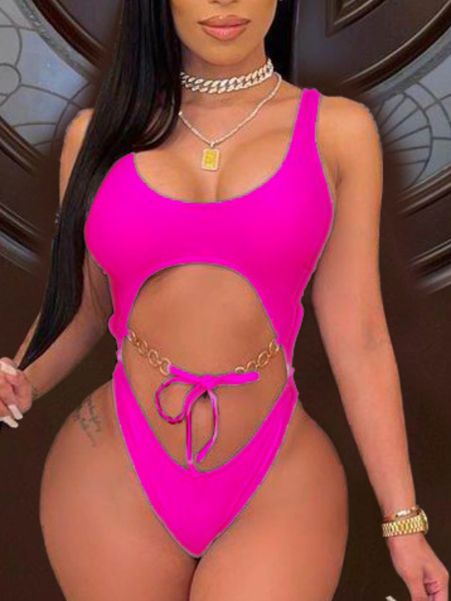 

Lovely Boho Metal Accessories Decoration Hollow-out Rose Red One-piece Swimsuit