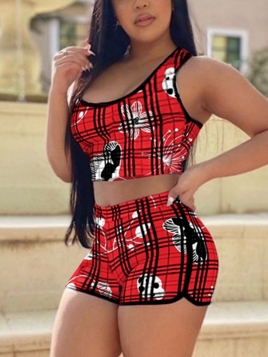 

Lovely Street Floral Plaid Print Red Two Piece Shorts Set