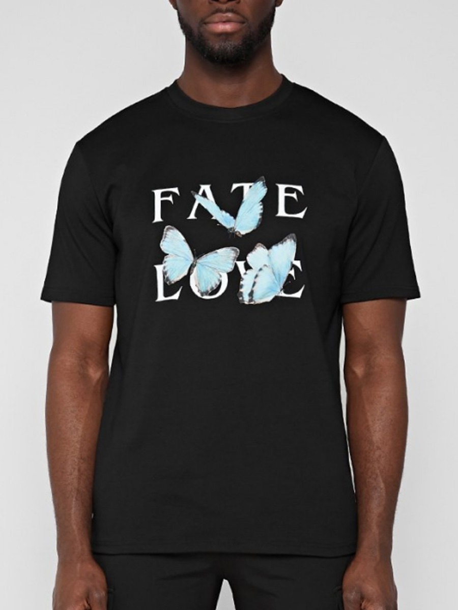 

Lovely Men Casual Butterfly Letter Print Black T-shirt