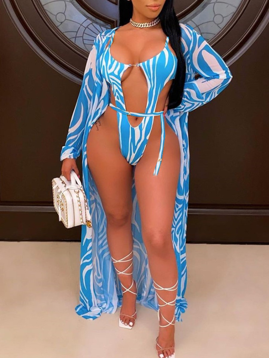 

Lovely Boho Striped Patchwork Blue Cover-up