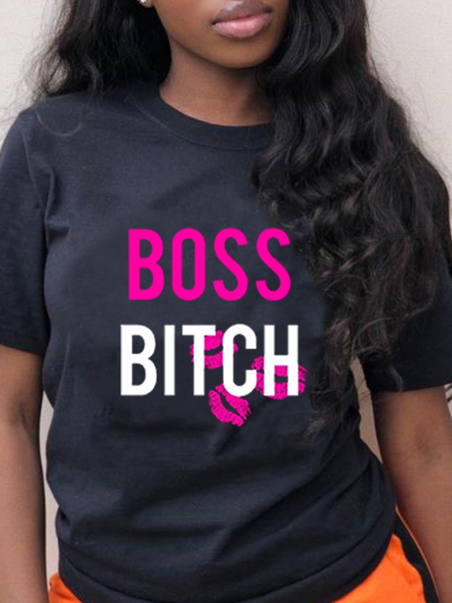

Lovely Casual O Neck Letter Print Black T-shirt