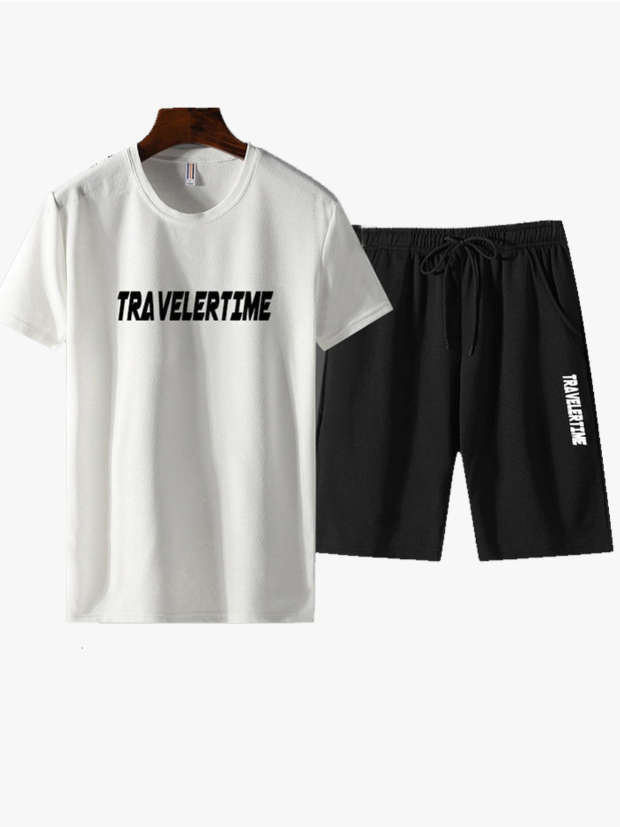 

Lovely Men Casual Letter Print Drawstring White Two Piece Shorts Set