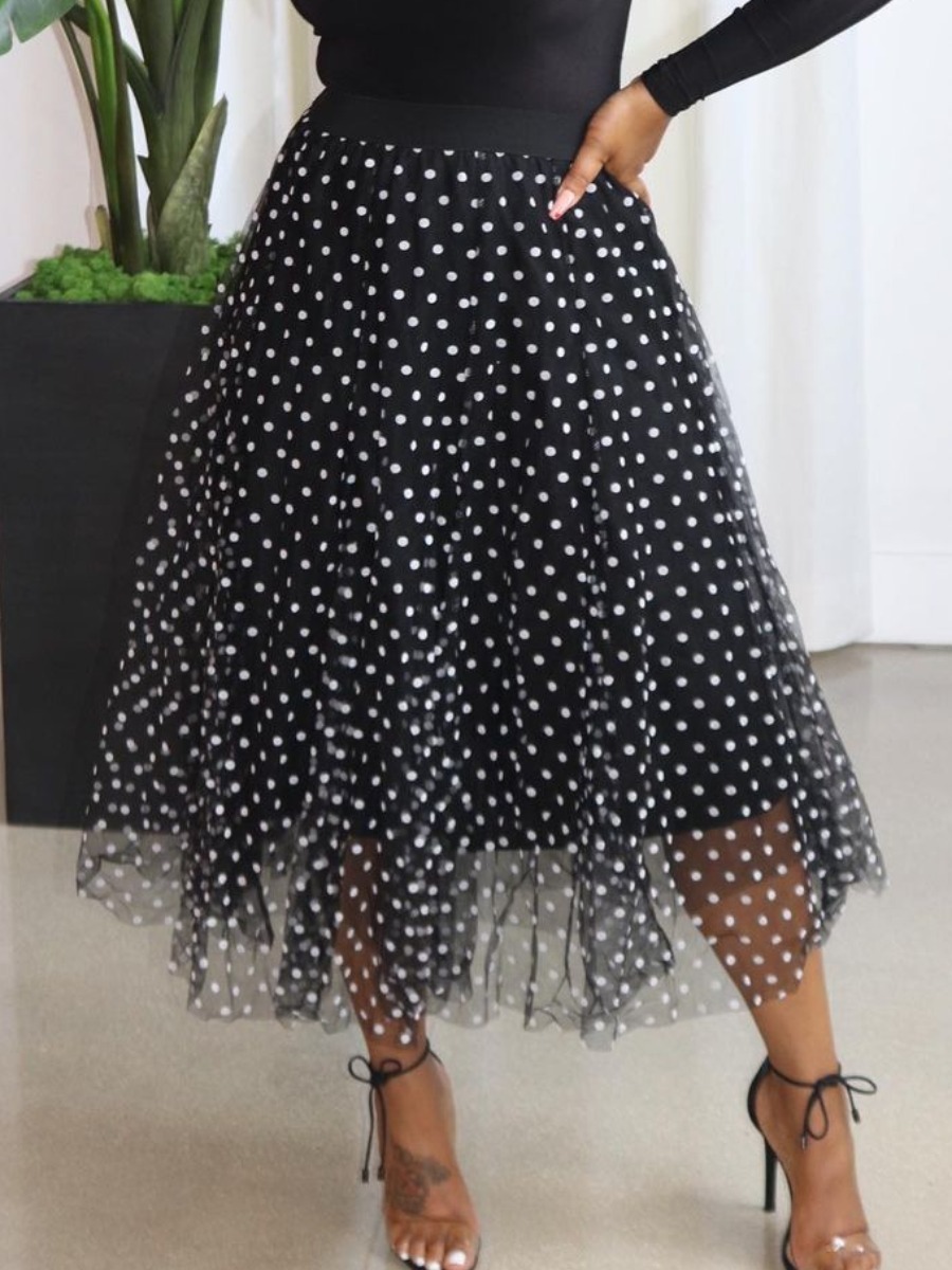 Lovely Sweet Mesh Dot Print Black Mid Calf Dress