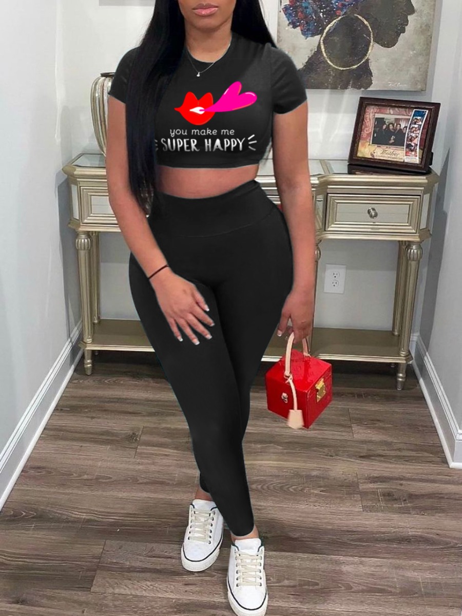 

Lovely Street Letter Print Crop Top Black Two Piece Pants Set