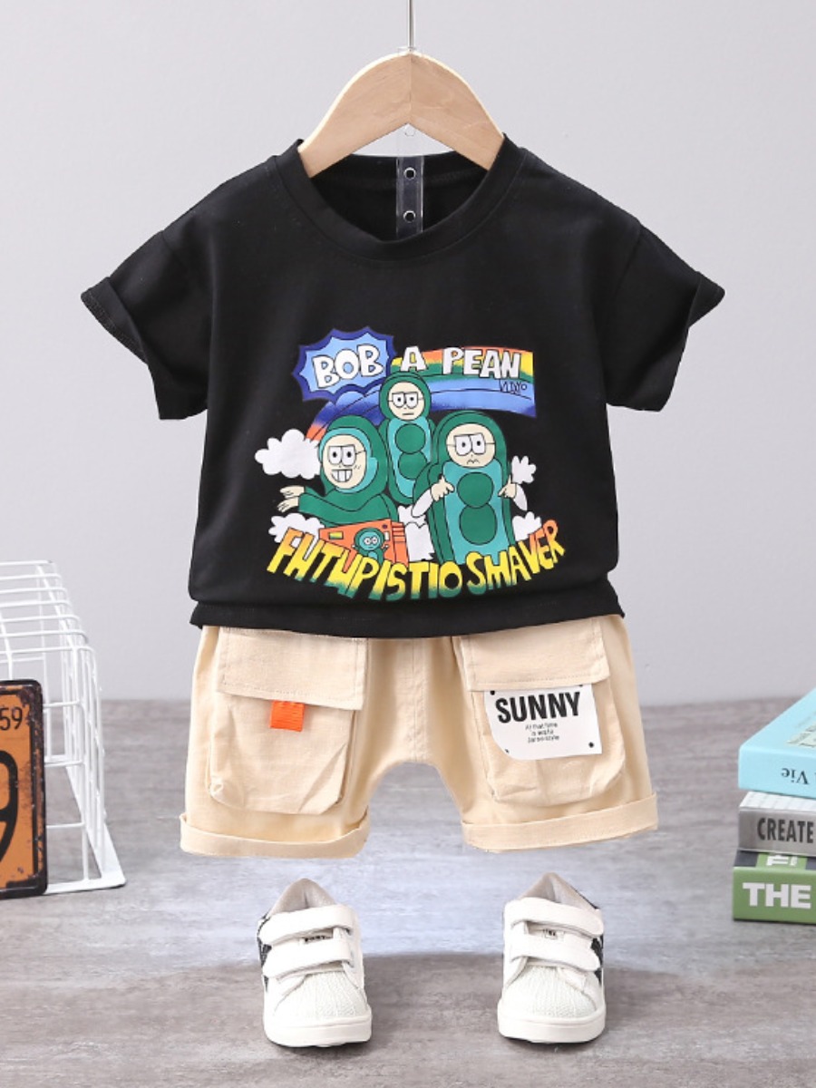 

Lovely Boy Casual Cartoon Letter Print Black Two Piece Shorts Set