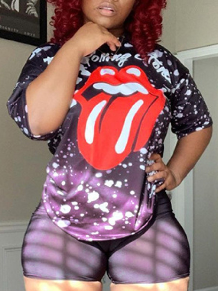 

Lovely Street Letter Lip Print Black T-shirt