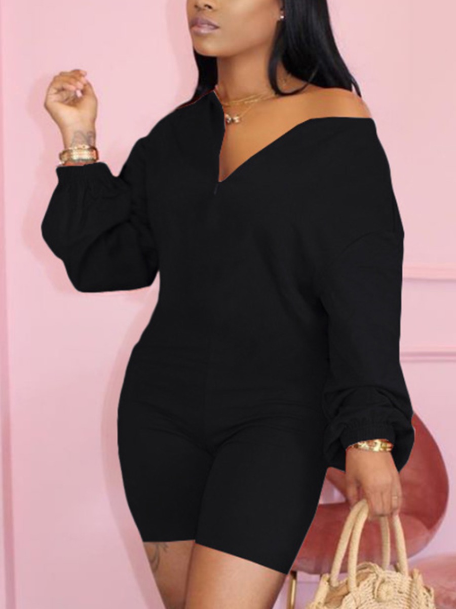 

LW Casual V Neck Dropped Shoulder Black One-piece Romper