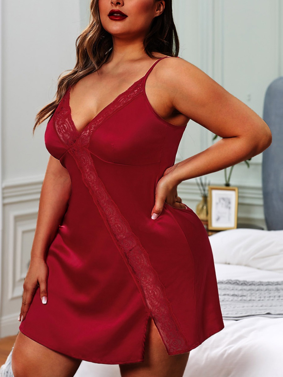 

Lovely Sexy Lace Patchwork Red Plus Size Babydoll