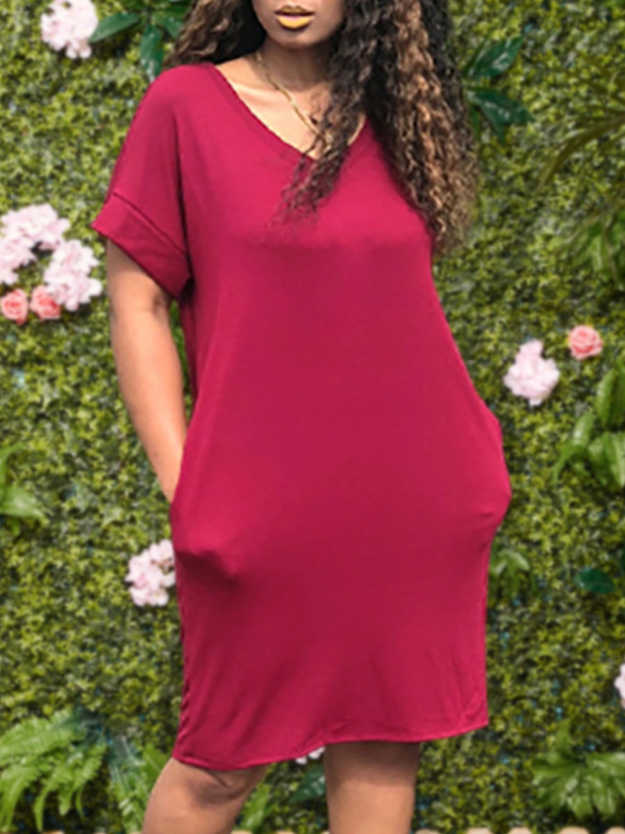 

Lovely Plus Size Casual V Neck Dropped Shoulder Wine Red Knee Length Dress