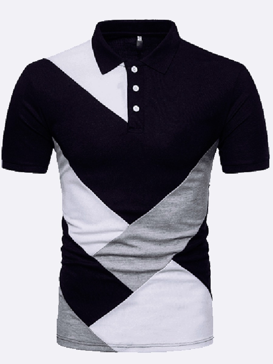 Lovely Men Street Color-lump Patchwork Navy Blue Polo