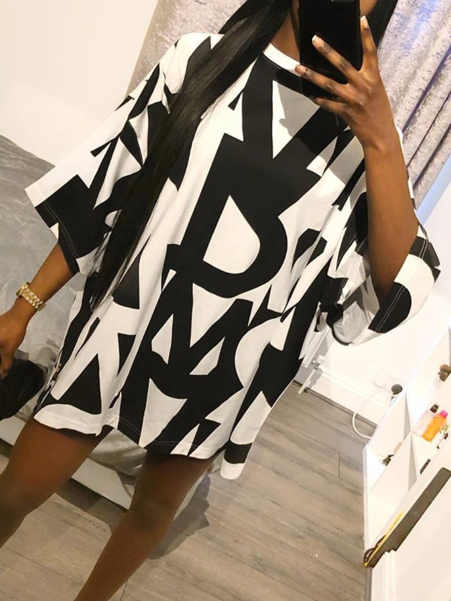 Lovely Street Dropped Shoulder Letter Print Black Mini Dress