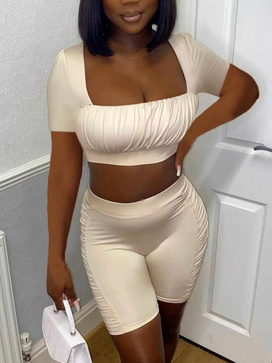 

Lovely Casual Square Neck Ruched Apricot Two Piece Shorts Set