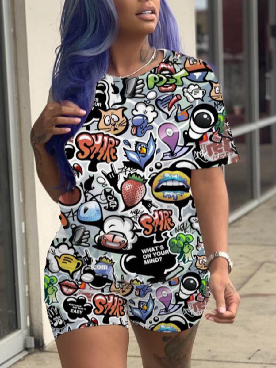 

Lovely Street Cartoon Print Patchwork White Two Piece Shorts Set