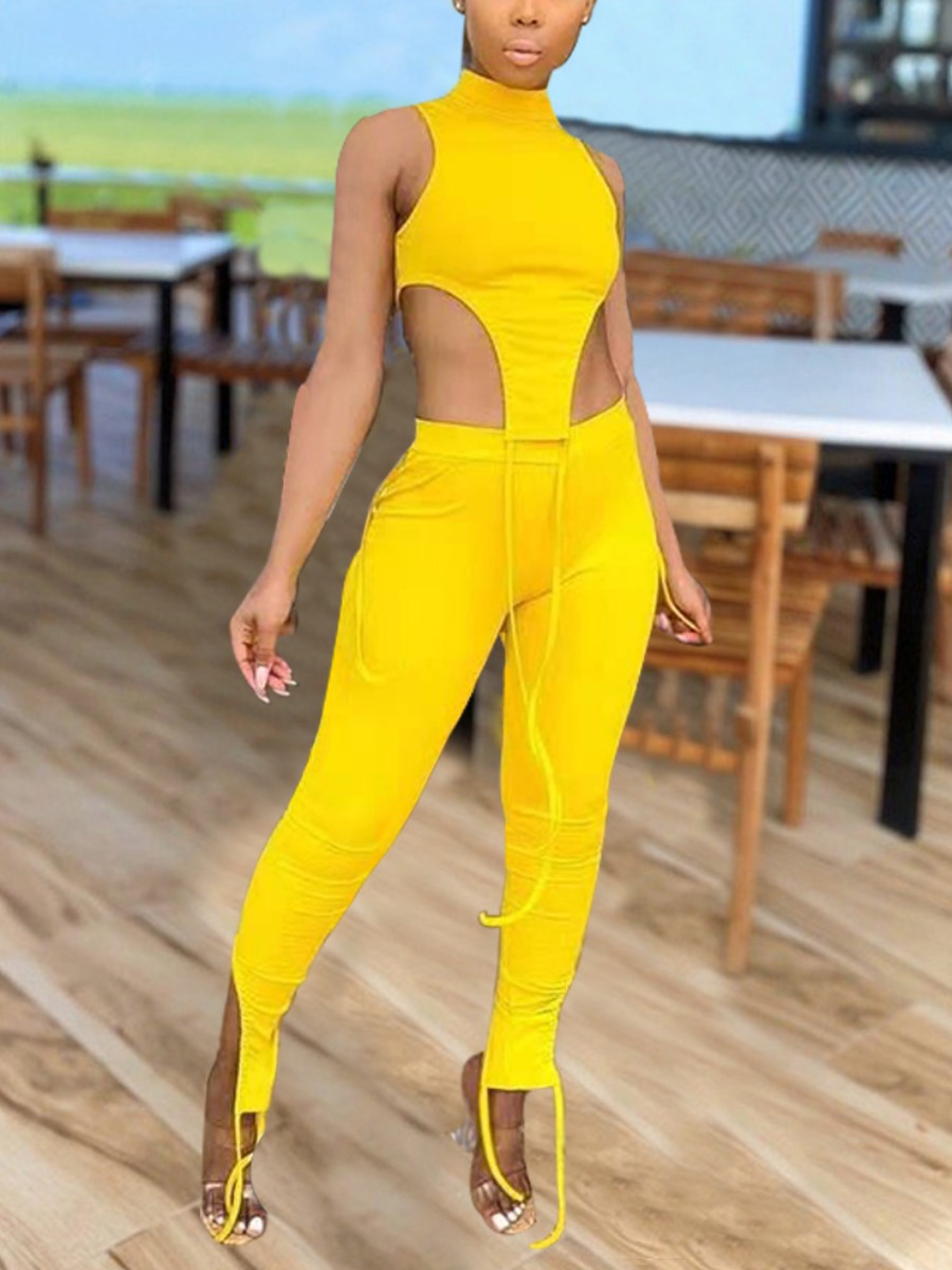 

Lovely Street Bandage Design Asymmetrical Yellow Two Piece Pants Set