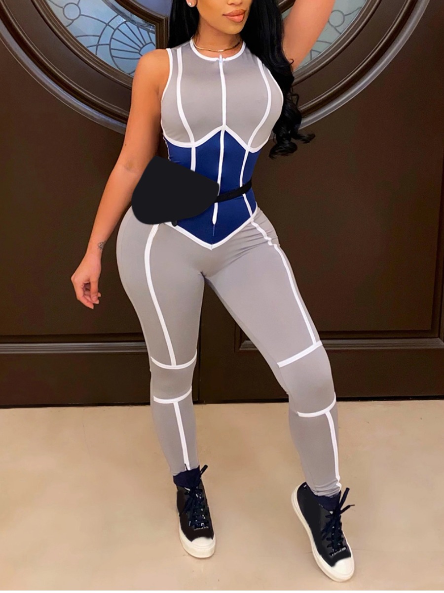 

Lovely Sporty Striped Patchwork Grey One-piece Jumpsuit