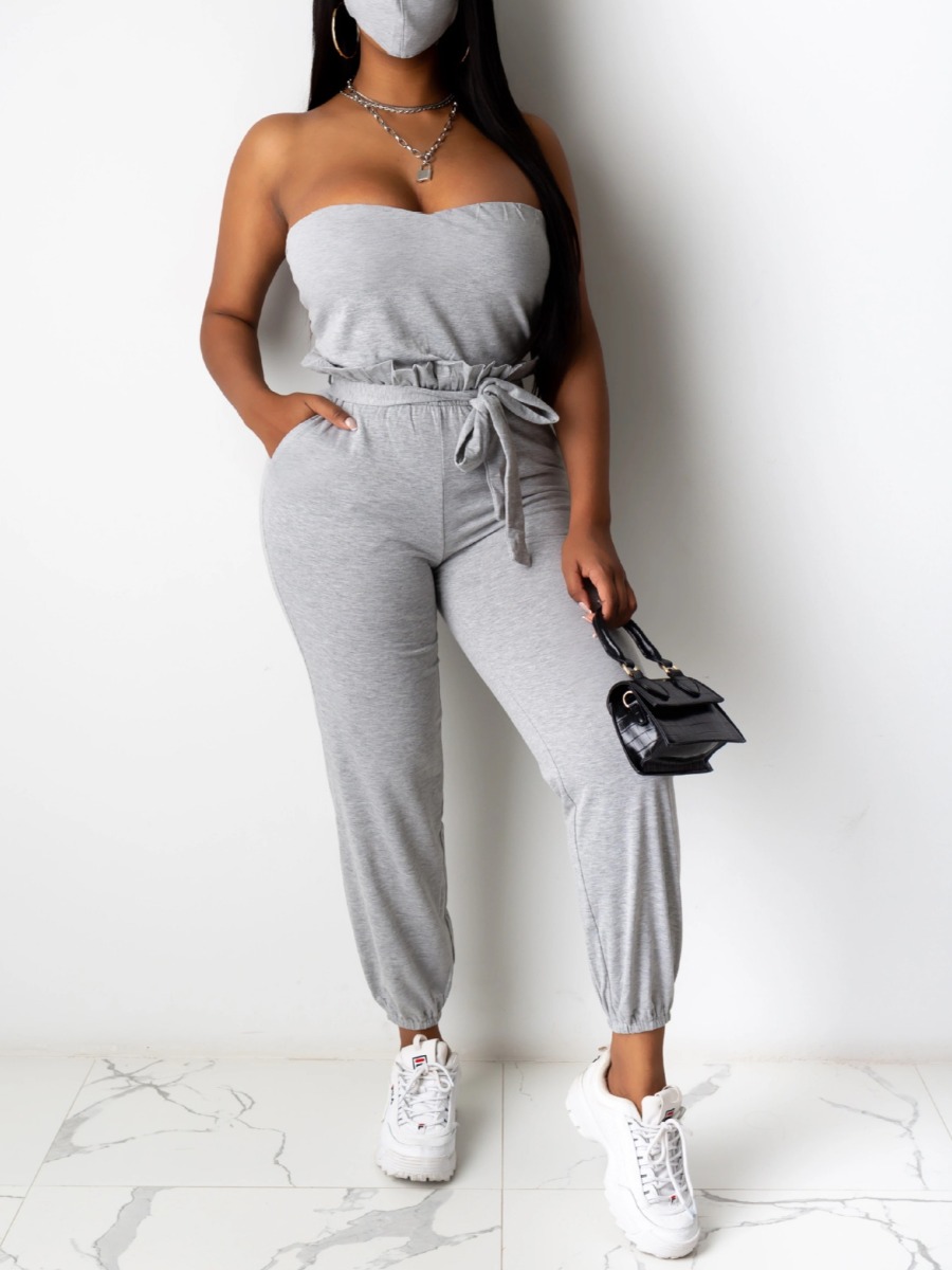 

Lovely Casual Off The Shoulder Lace-up Grey One-piece Jumpsuit(Without Mask