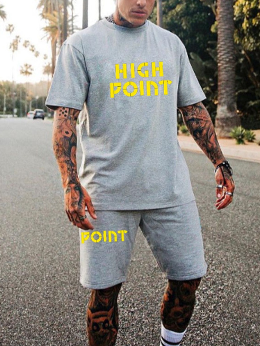 

Lovely Men Casual O Neck Letter Print Grey Two Piece Shorts Set