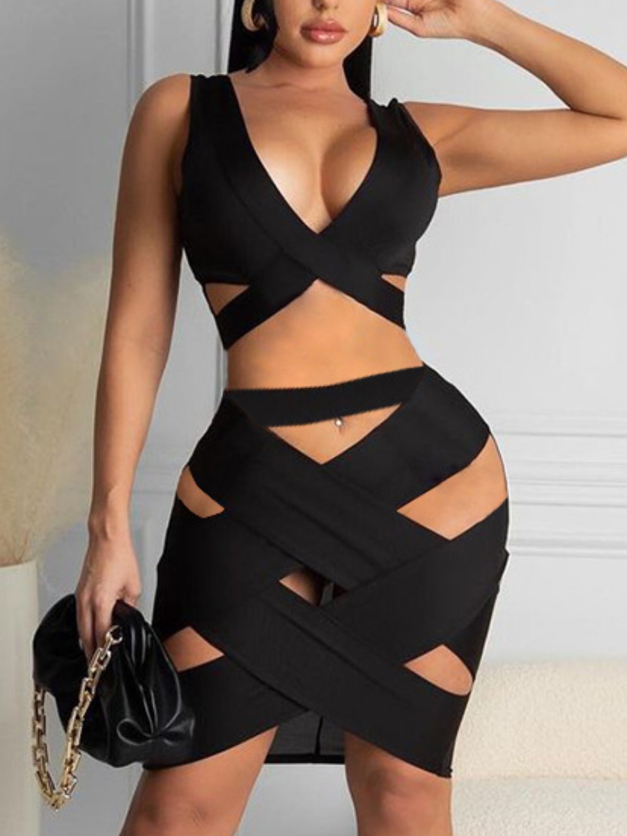 

Lovely Sexy Bandage Hollow-out Design Black Two Piece Skirt Set