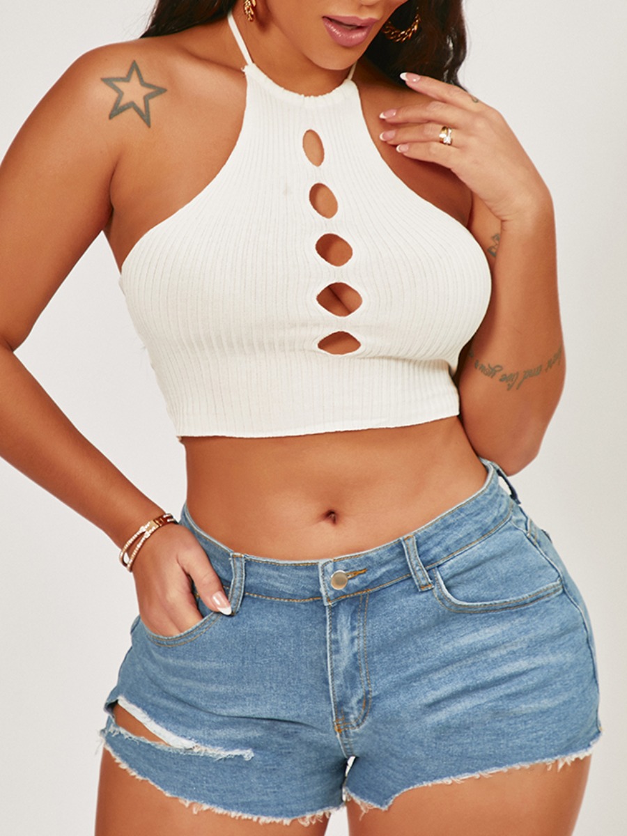 

Lovely Street Rib-Knit Hollow-out White Camisole