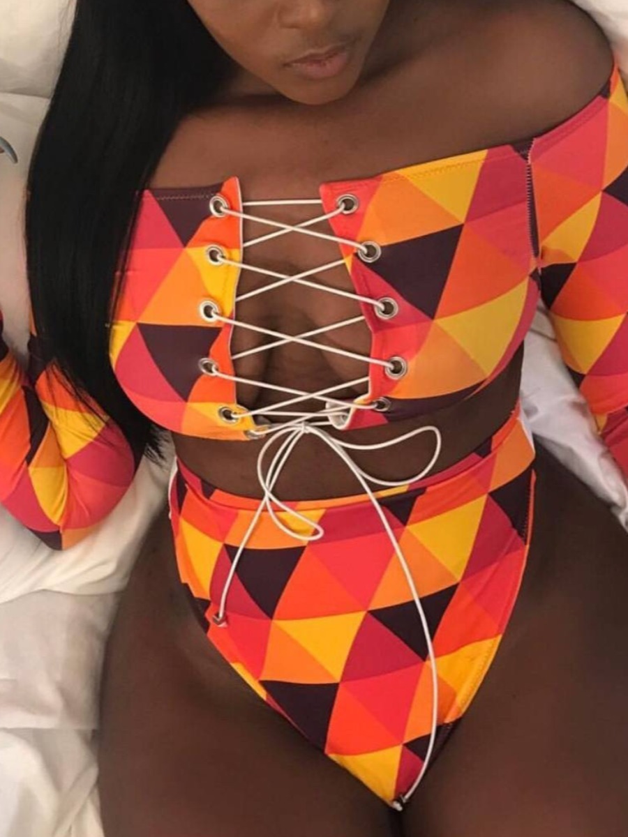 

Lovely Boho Geometric Print Bandage Hollow-out Design Jacinth Tankini