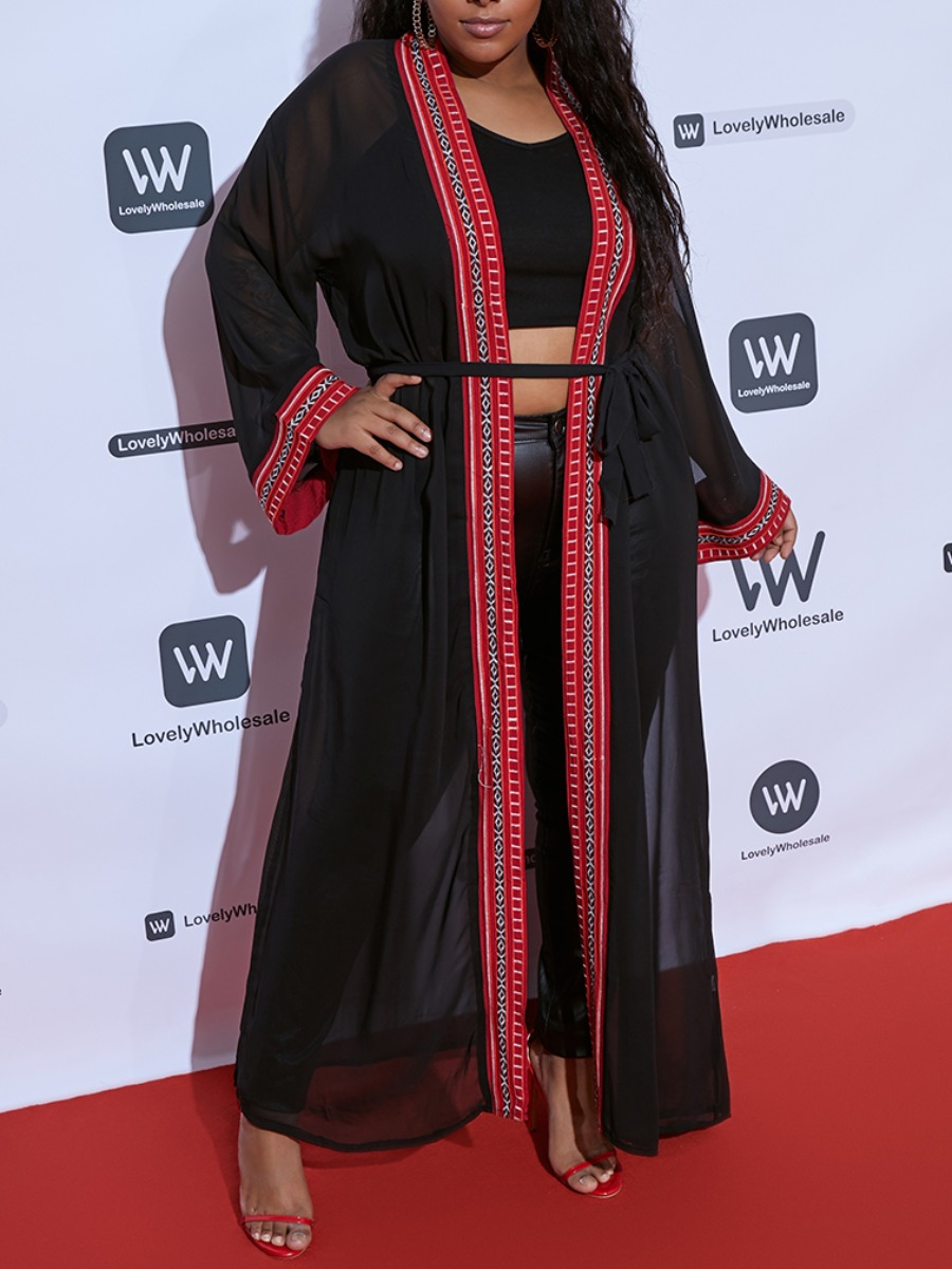 

Lovely Boho See-through Striped Black Plus Size Cover-up