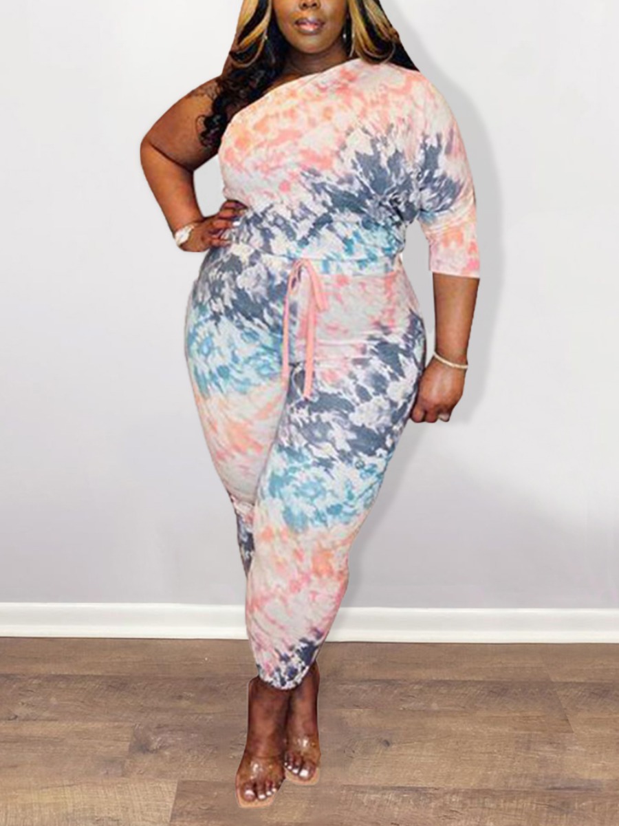 

Lovely Plus Size Casual One Shoulder Print Multicolor One-piece Jumpsuit, Multi