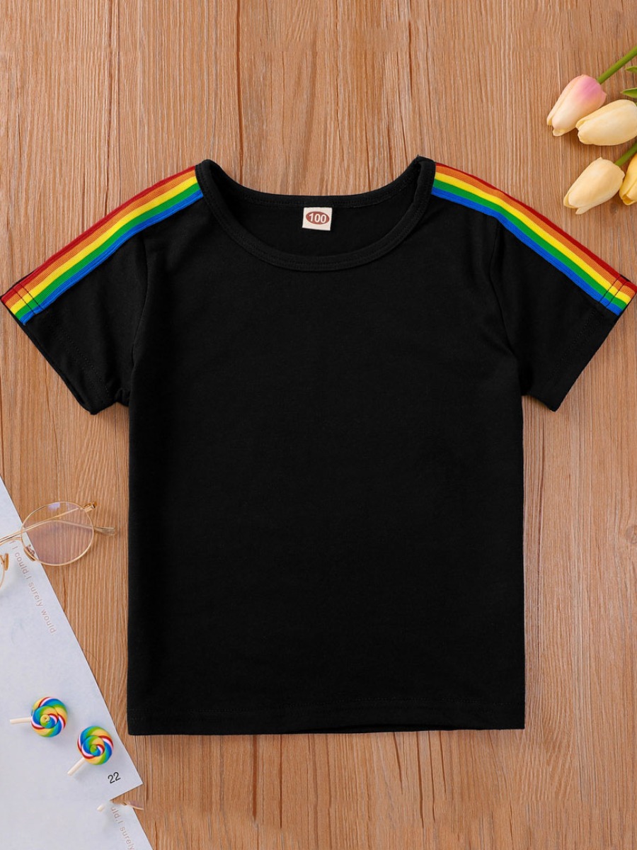

Lovely Boy Casual O Neck Rainbow Stripe Black T-shirt
