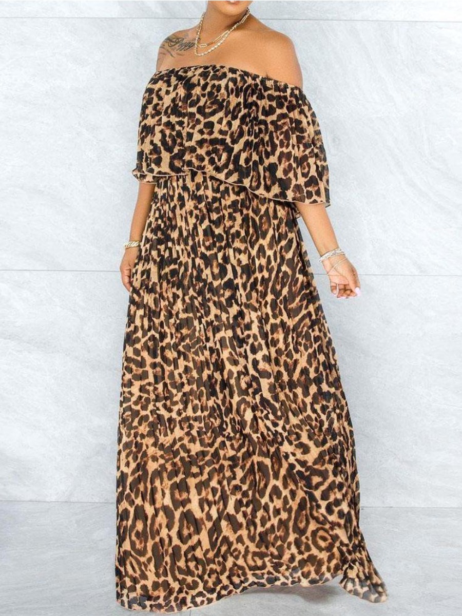 

Lovely Plus Size Street Off The Shoulder Leopard Print Floor Length Dress