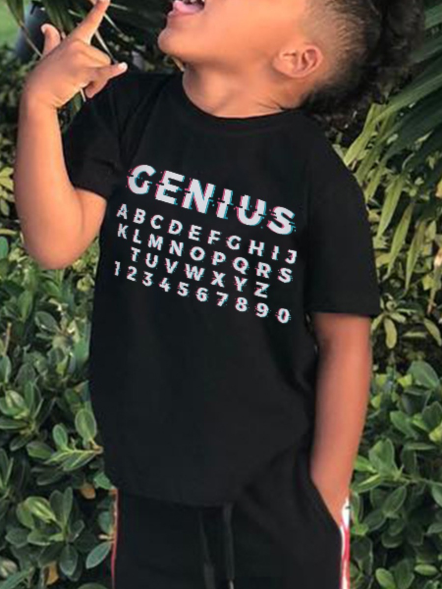 

Lovely Boy Casual O Neck Letter Print Black T-shirt