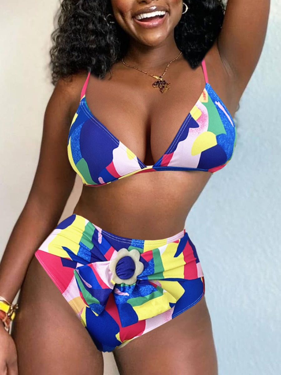 

Lovely Boho Color-lump Bow-tie Decoration Blue Two-piece Swimsuit