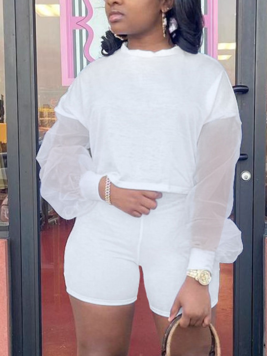 

Lovely Sweet O Neck See-through White Two Piece Shorts Set