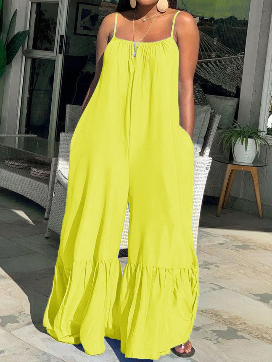 LovelyWholesale Plus Size Casual Flounce Design Loose Yellow One-piece Jumpsuit Spring|Summer Sleeveless Vacation Ruffle Spring Summer 2024