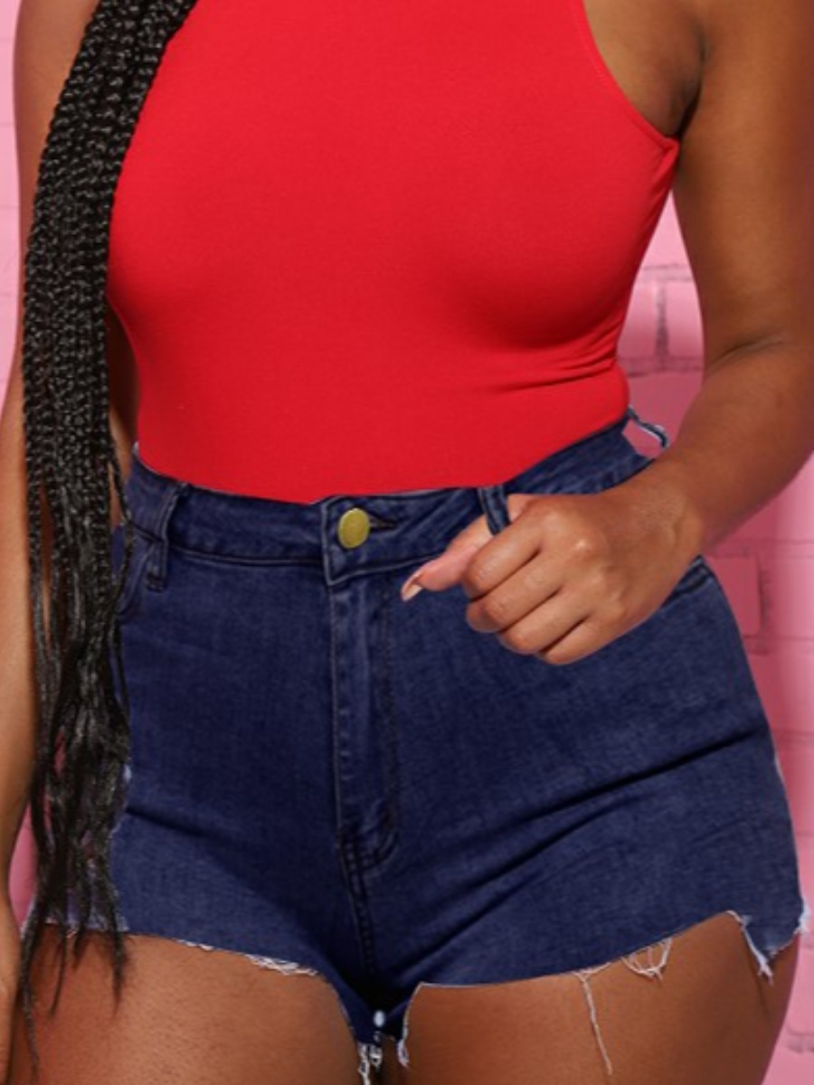 

LW Plus Size Casual Mid Waist Raw Edge Asymmetrical Deep Blue Denim Shorts