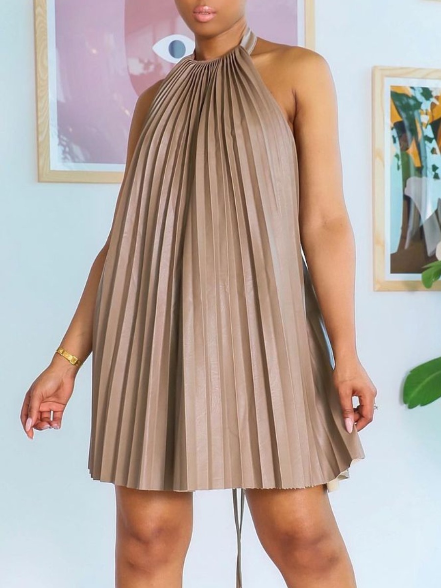 

Lovely Sweet Backless Pleated Bandage Design Brown Knee Length Dress