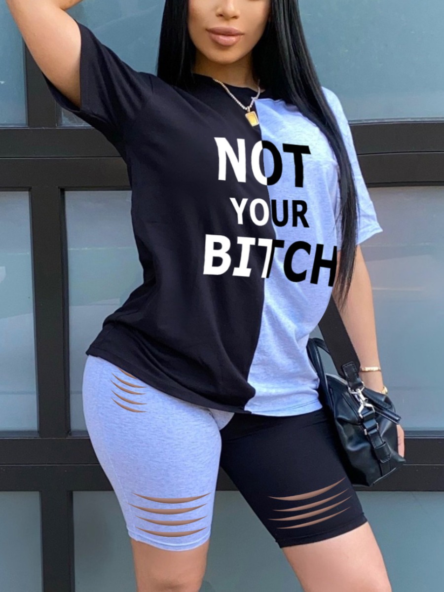 

LW Street Letter Print Broken Holes Black Two Piece Shorts Set