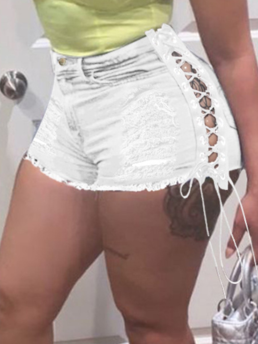 

Lovely Casual Bandage Hollow-out Design White Denim Shorts