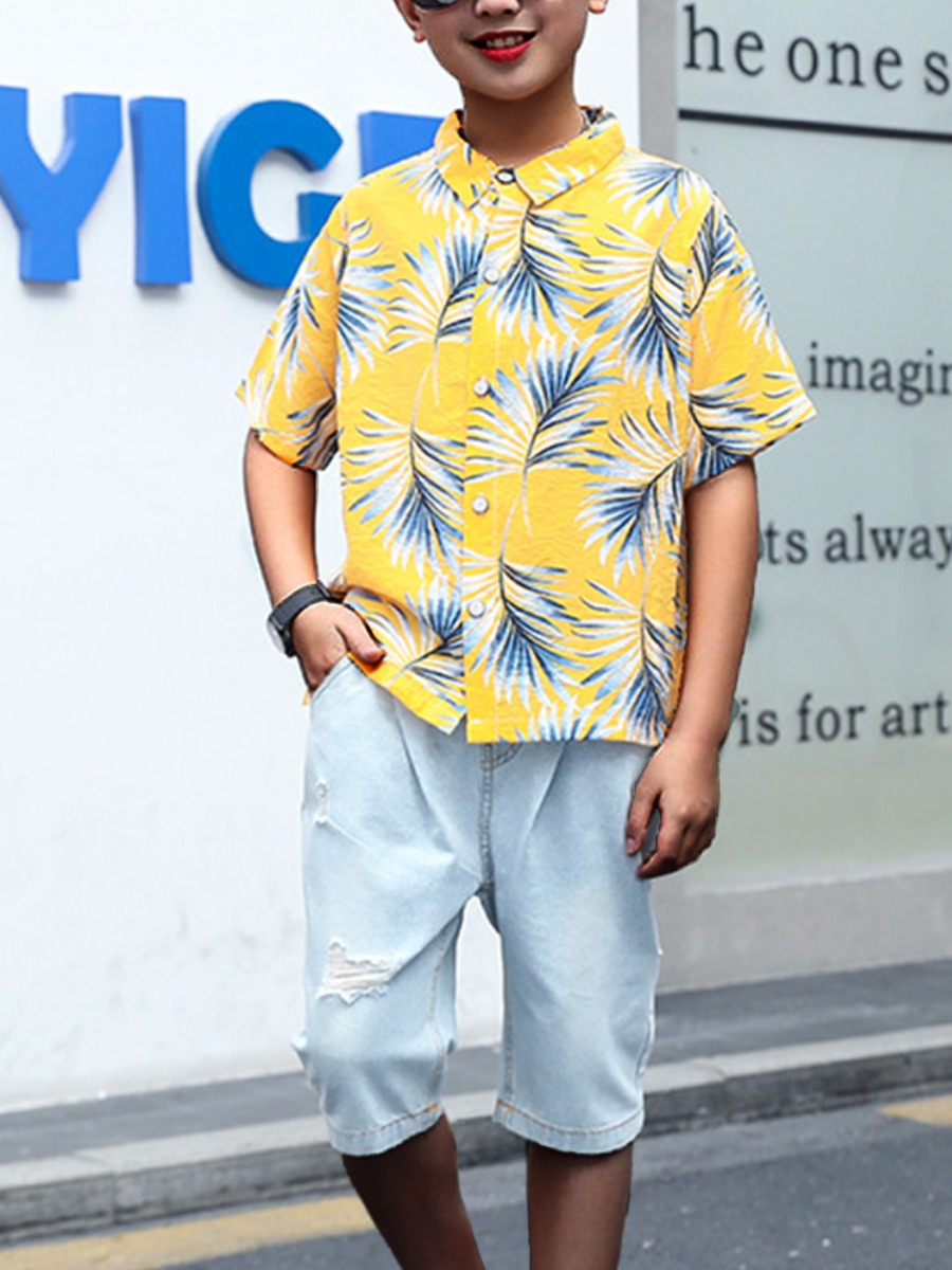 

Lovely Boy Street Floral Print Ripped Yellow Two Piece Shorts Set