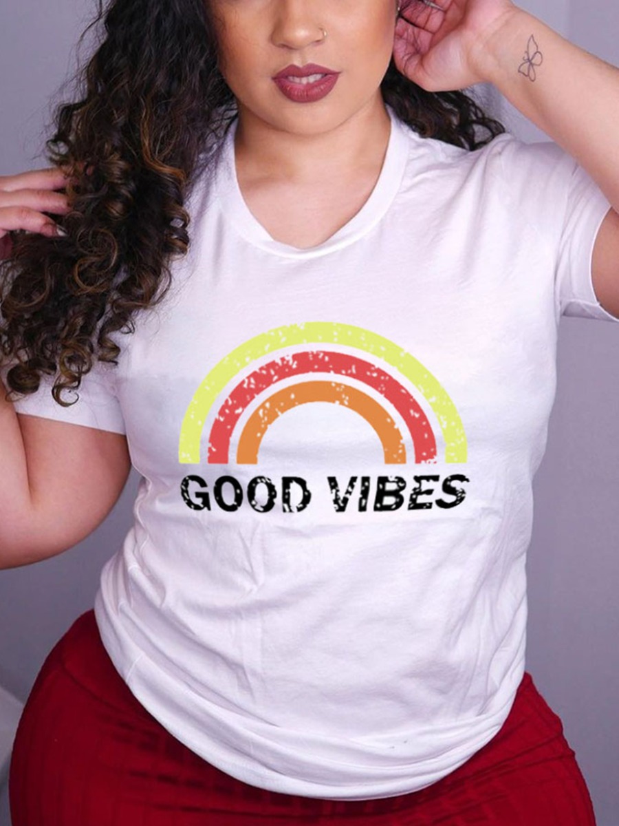 

Lovely Casual Rainbow Letter Print White T-shirt